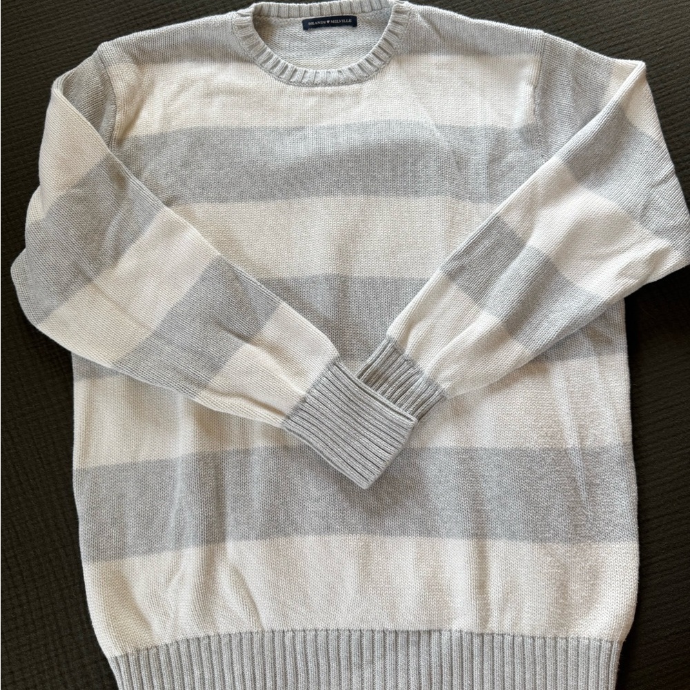 Brandy Melville Gray and White Striped Crewneck Sweater
